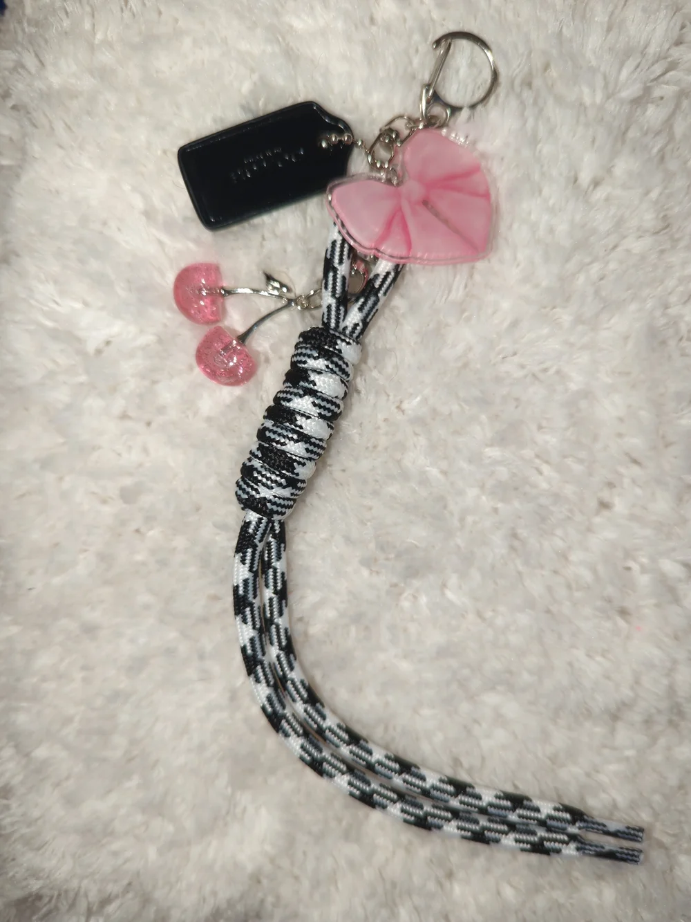 Coach Authentic Patent Leather Black Hangtag + Pink Heart Bow Cherry Bag Charm